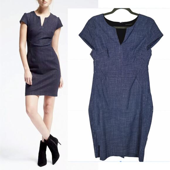 Banana Republic 6 Angled Seam Stretchy Pencil Dress Denim Short Sleeve Navy Blue - Picture 1 of 8